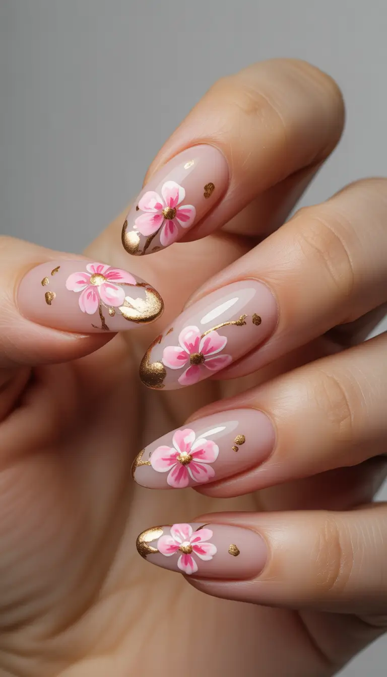 spring almond nails Delicate Pink Blossom Almond Nails With Gold Accents