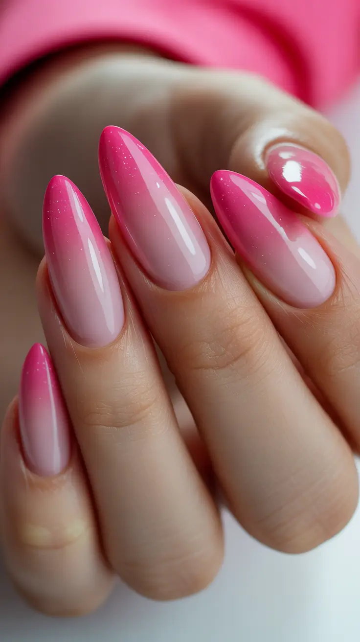 spring almond nails Glossy Pink Ombre Almond Nails With Soft Spring Glow