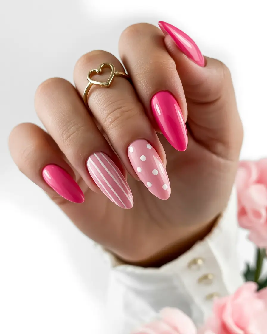 spring almond nails Playful Pink Mix Almond Nails With Stripes And Polka Dots