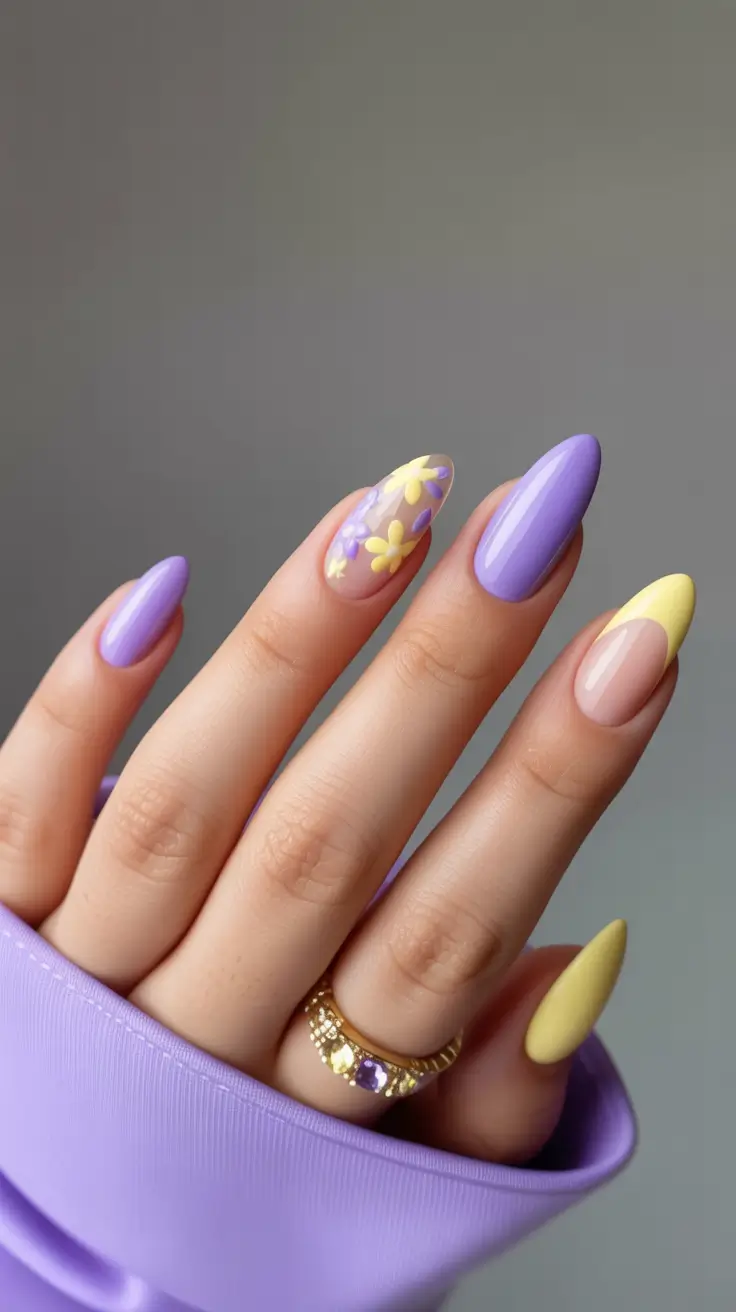 spring almond nails Lavender And Pastel Yellow Floral Almond Nails For Fresh Spring Energy