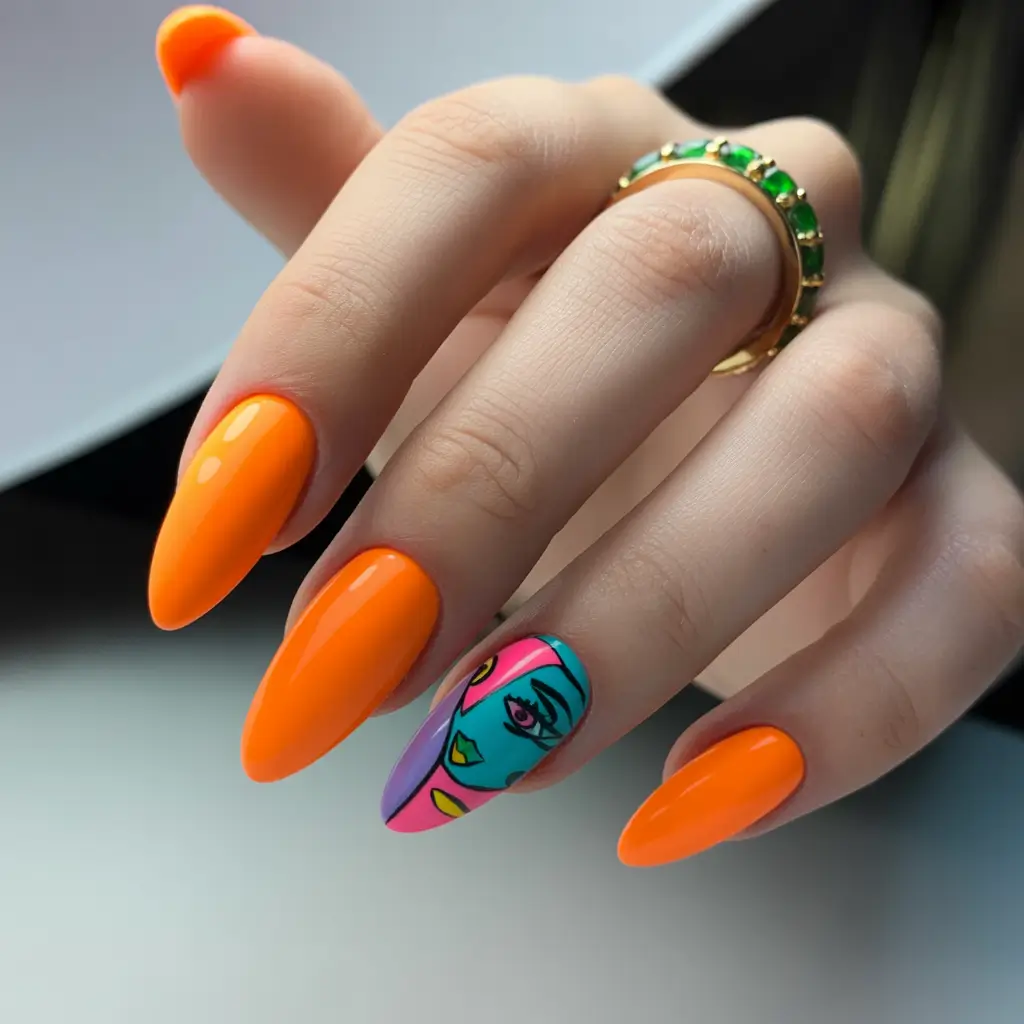 spring almond nails Vibrant Orange Pop Art Almond Nails With Artistic Accent