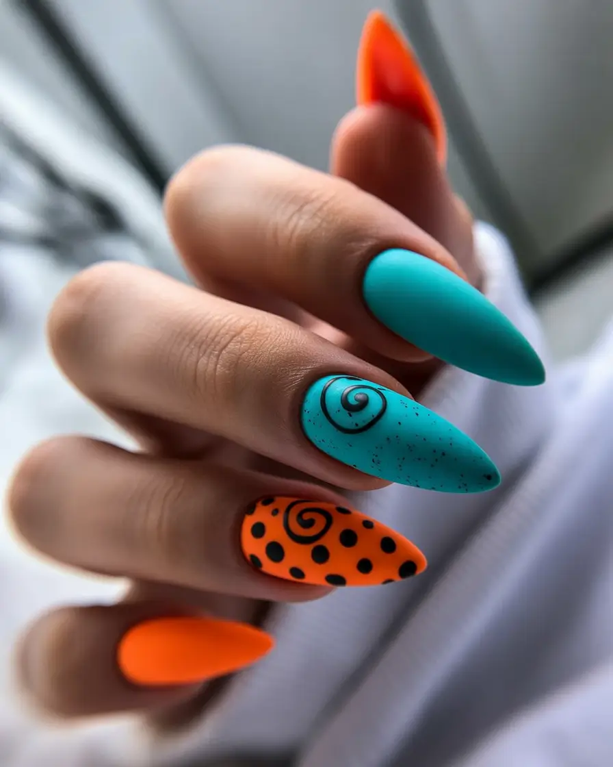 spring almond nails Retro Orange And Turquoise Almond Nails With Playful Patterns