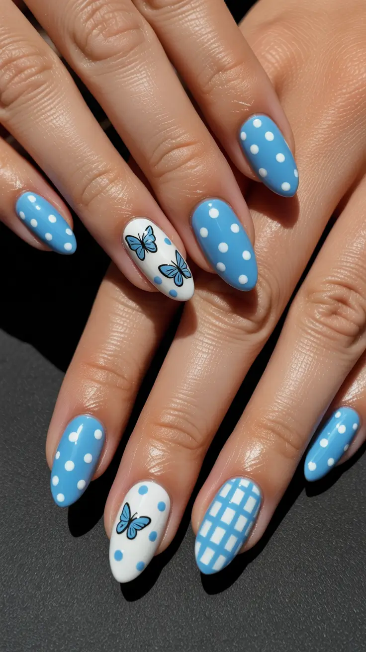 spring almond nails Soft Blue Polka Dot Almond Nails With Butterfly Accents