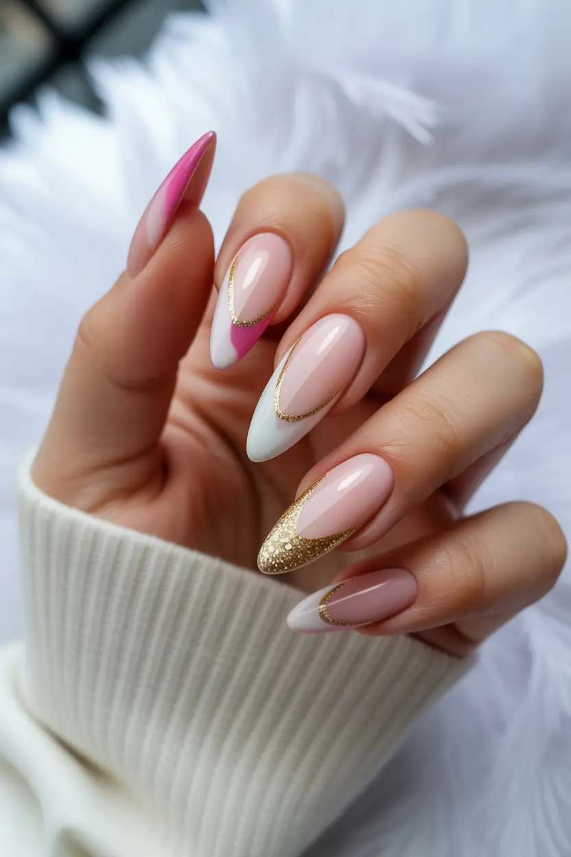 spring almond nails Elegant Pink And White French Almond Nails With Gold Lines