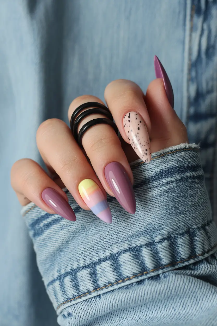 spring almond nails Muted Lavender Almond Nails With Modern Accent Art