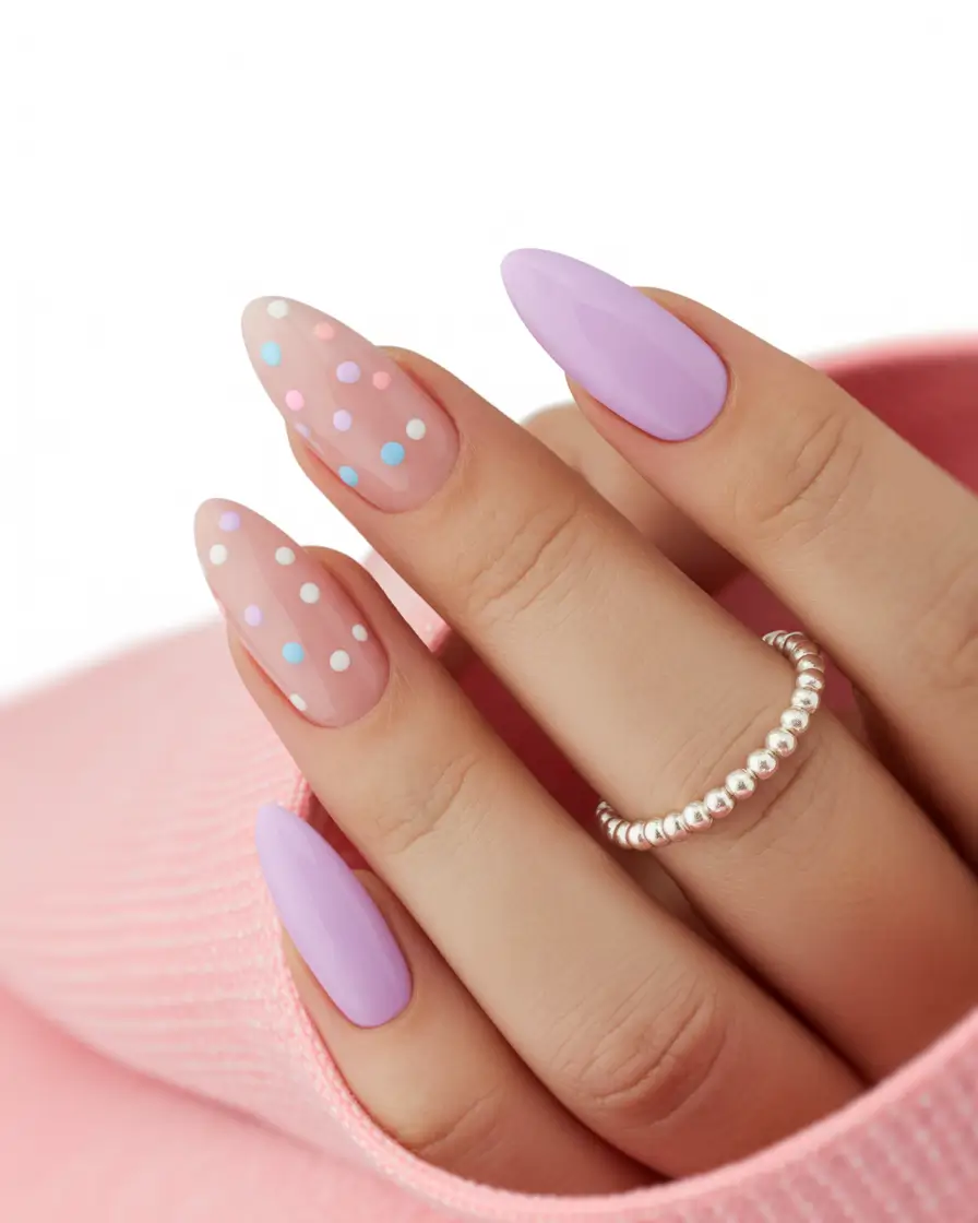 spring almond nails Lavender Polka Dot Almond Nails With Playful Pastel Finish