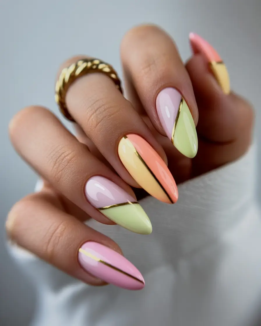 spring almond nails Pastel Color Block Almond Nails With Minimal Gold Accents