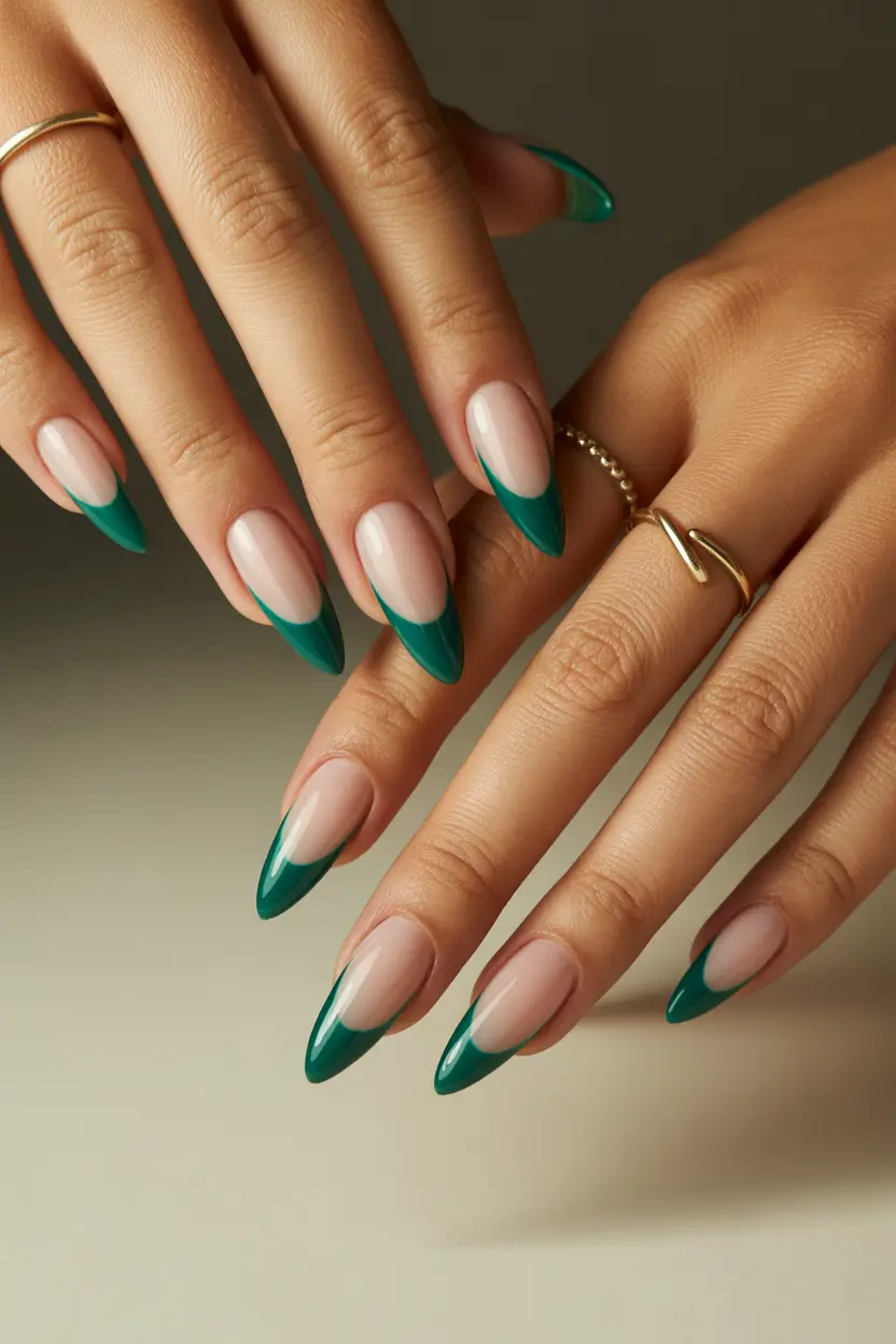 spring almond nails Deep Green French Almond Nails With Modern Minimal Edge
