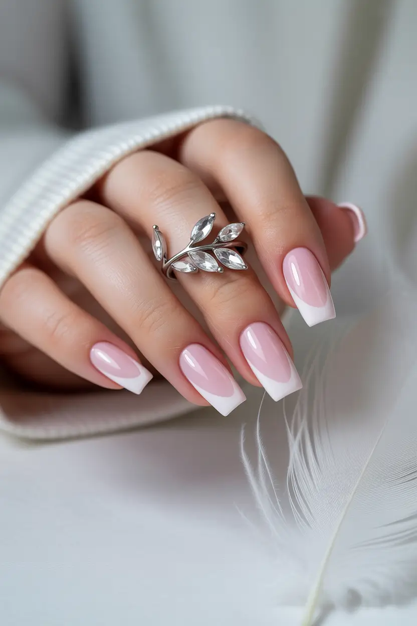 spring gel nails Soft Blush Square with Modern French Tip Energy