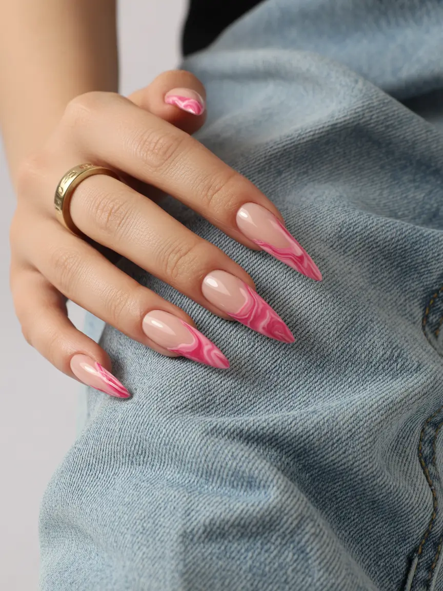 spring gel nails Pink Marble Stiletto with Flowing Swirl Detail