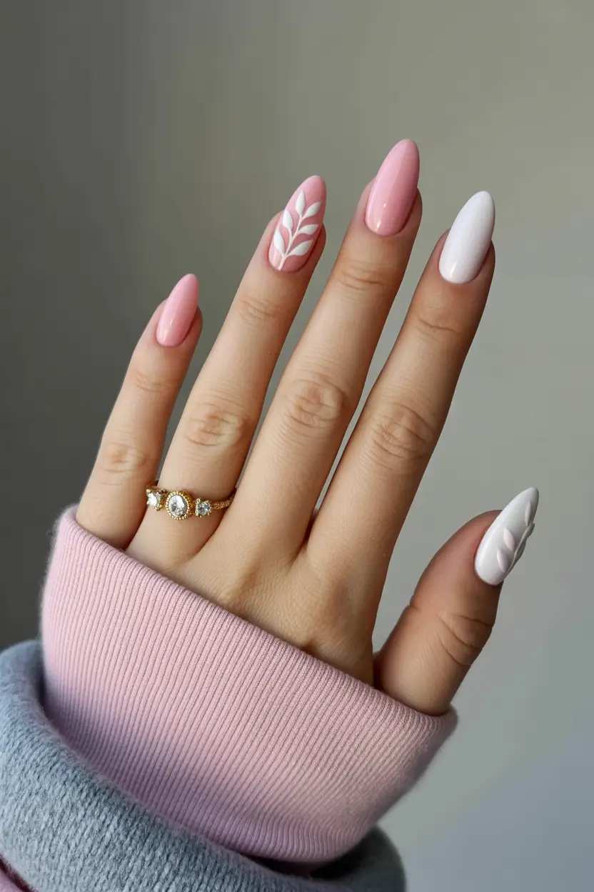 spring gel nails Soft Baby Pink and White Botanical Almond