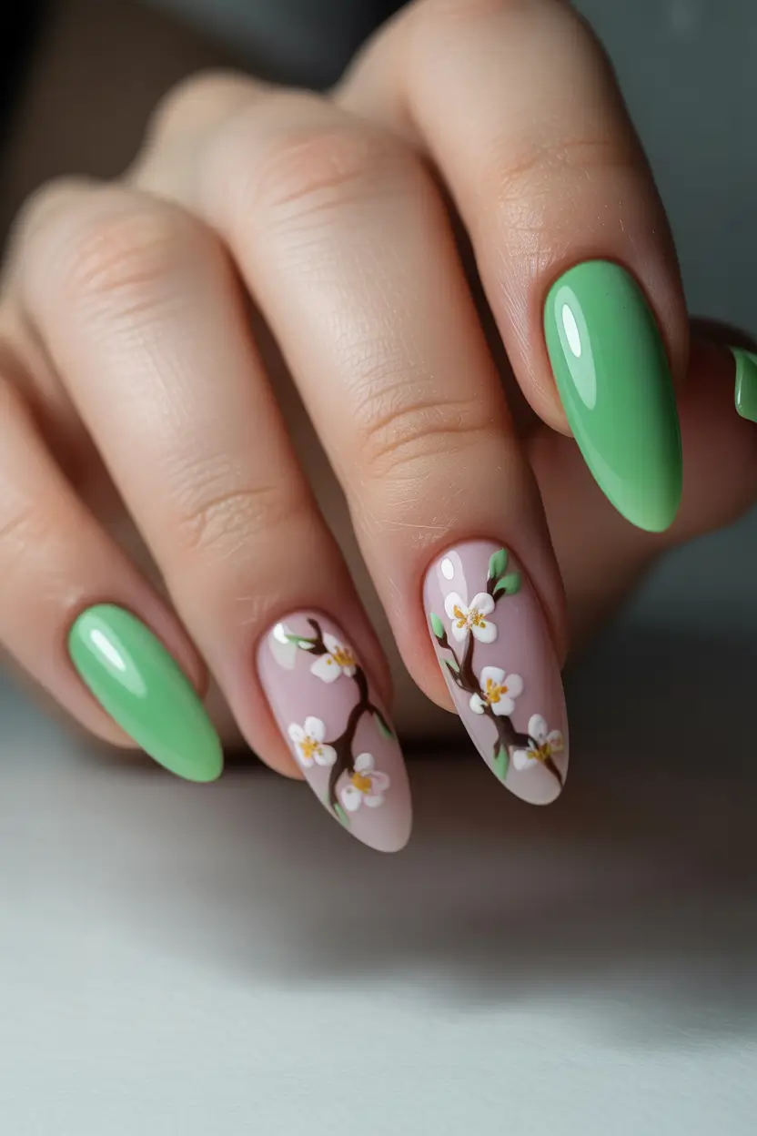 spring gel nails Fresh Green Blossom Branch Art