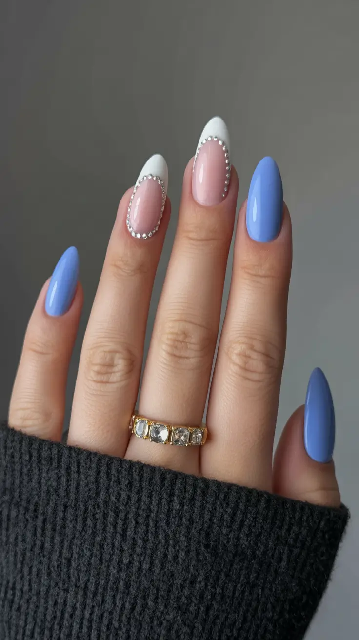spring gel nails Powder Blue Oval with Crystal Frame Accent