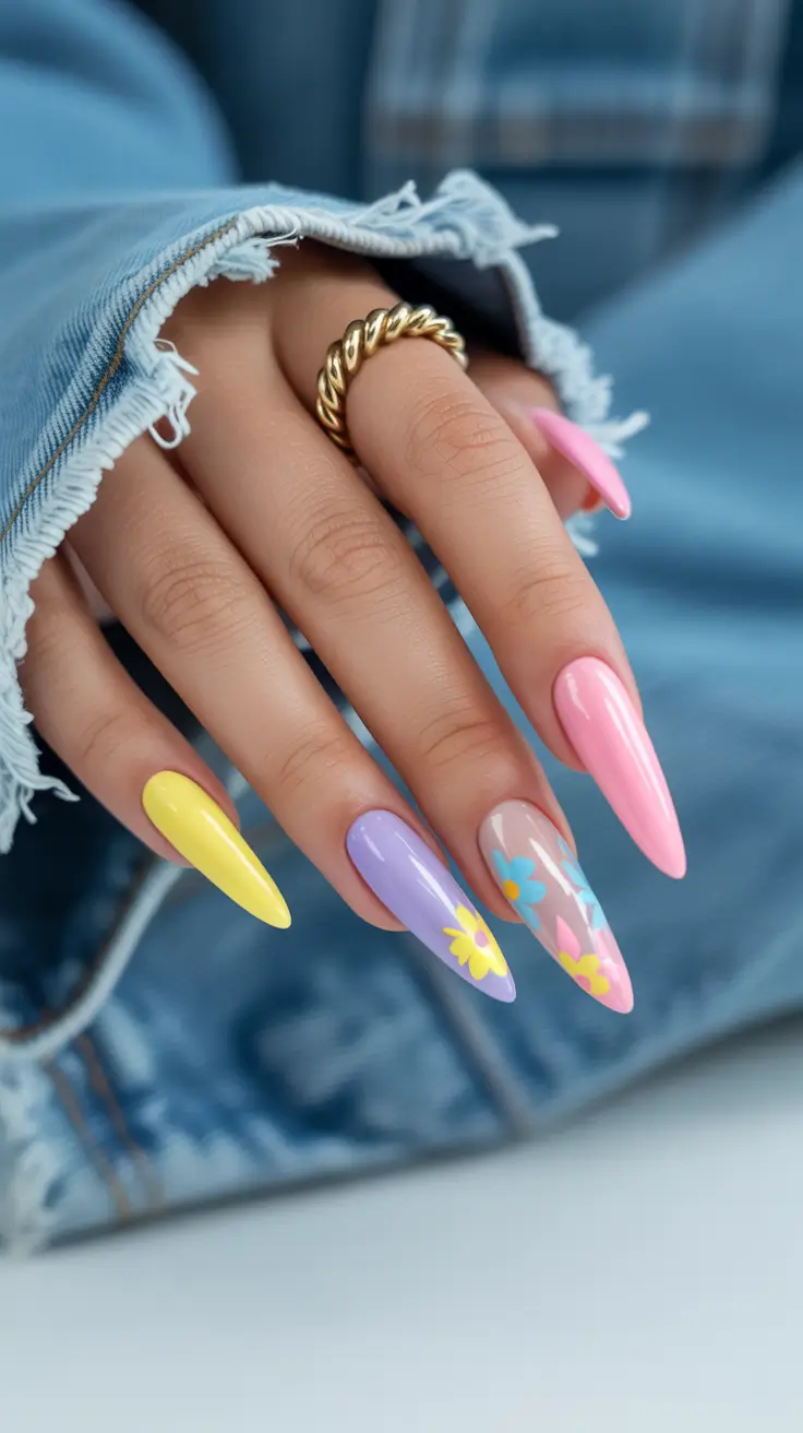 spring gel nails Playful Pastel Stiletto with Daisy Art