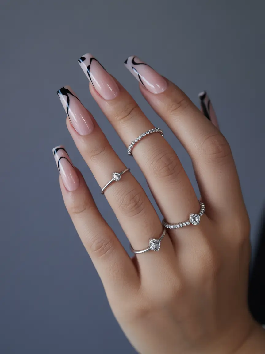 spring gel nails Minimal Nude with Graphic Black Wave Tips