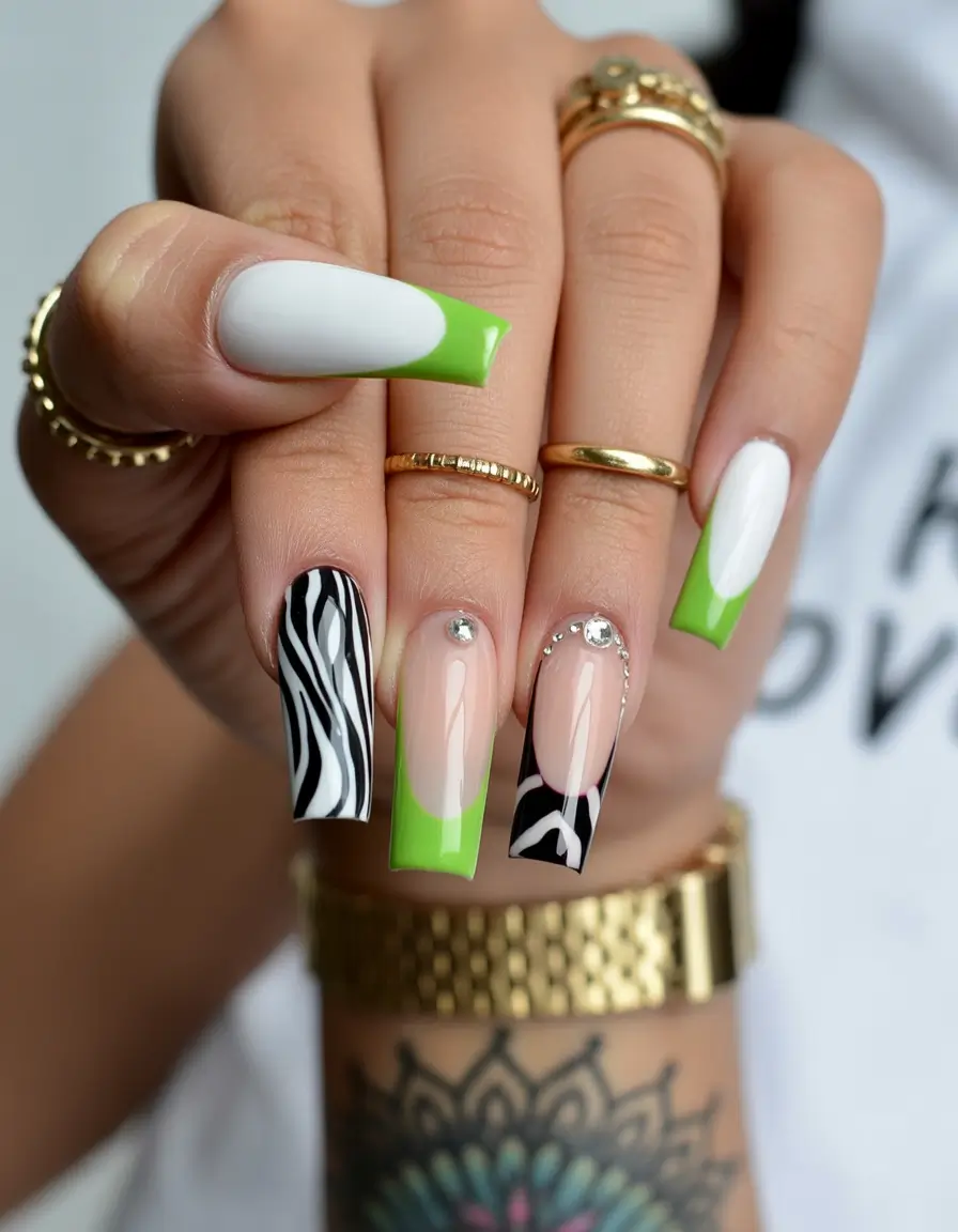 spring gel nails Neon Green French and Zebra Accent Mix