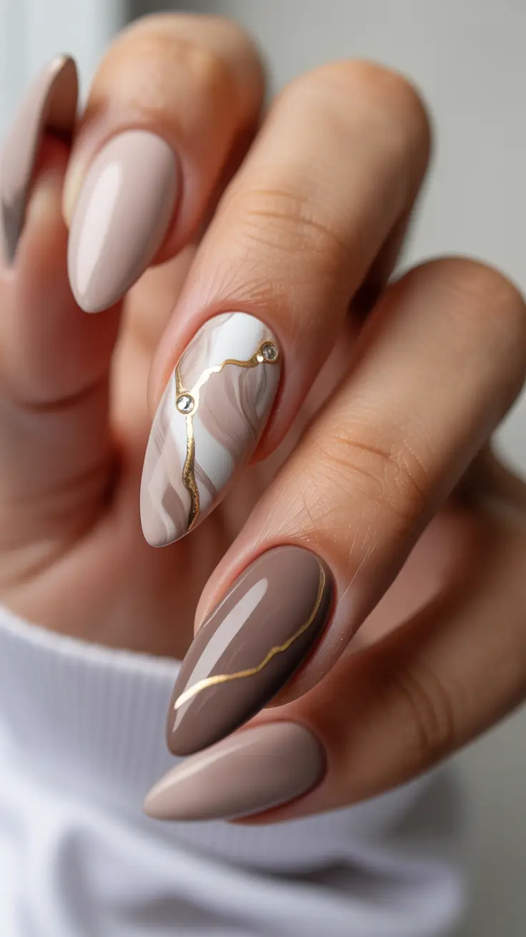 spring gel nails Soft Marble Taupe with Gold Vein Accent
