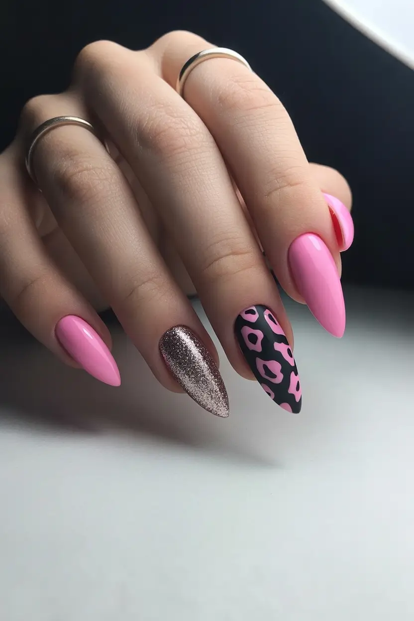 spring gel nails Pink Pop Leopard with Glitter Accent