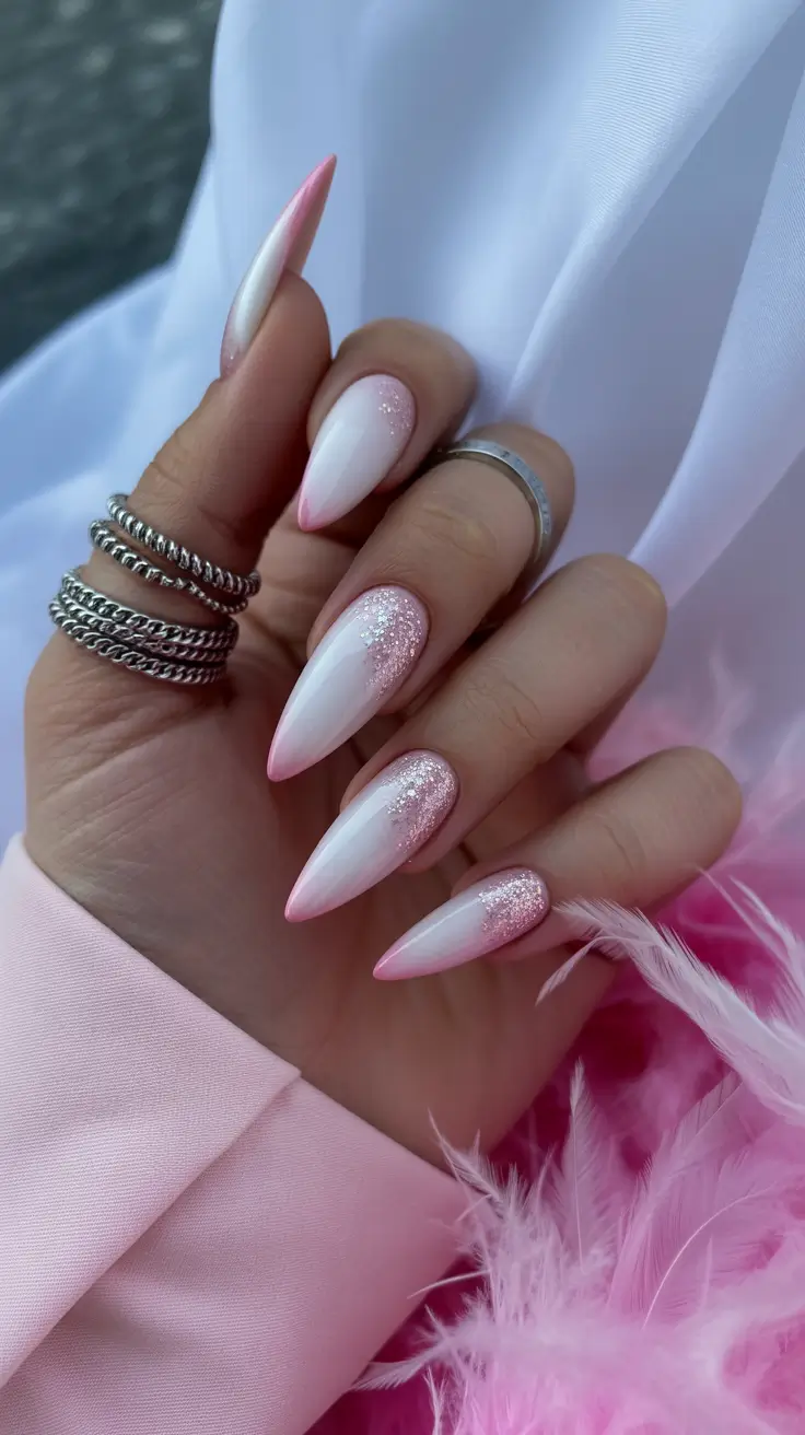 spring gel nails Almond Ombre Pink with Whispered Glitter