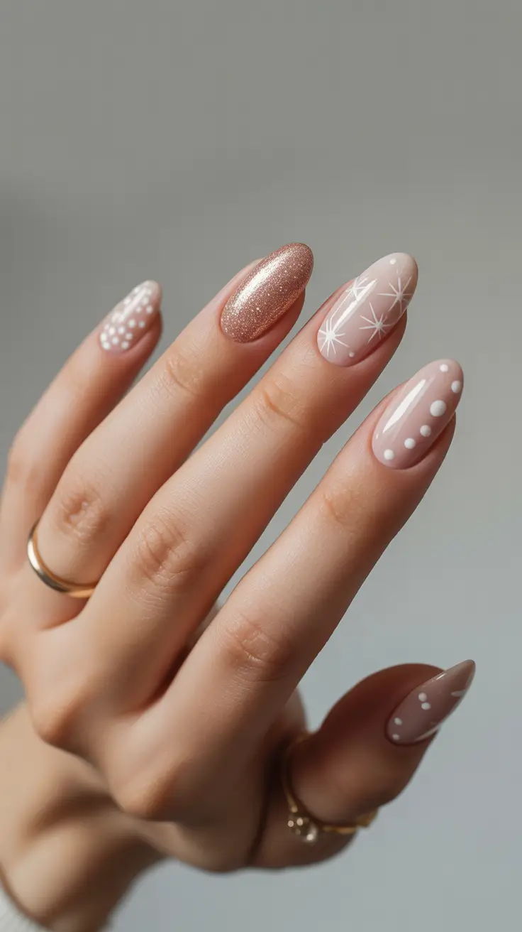 spring gel nails Champagne Shimmer and Delicate White Star Art