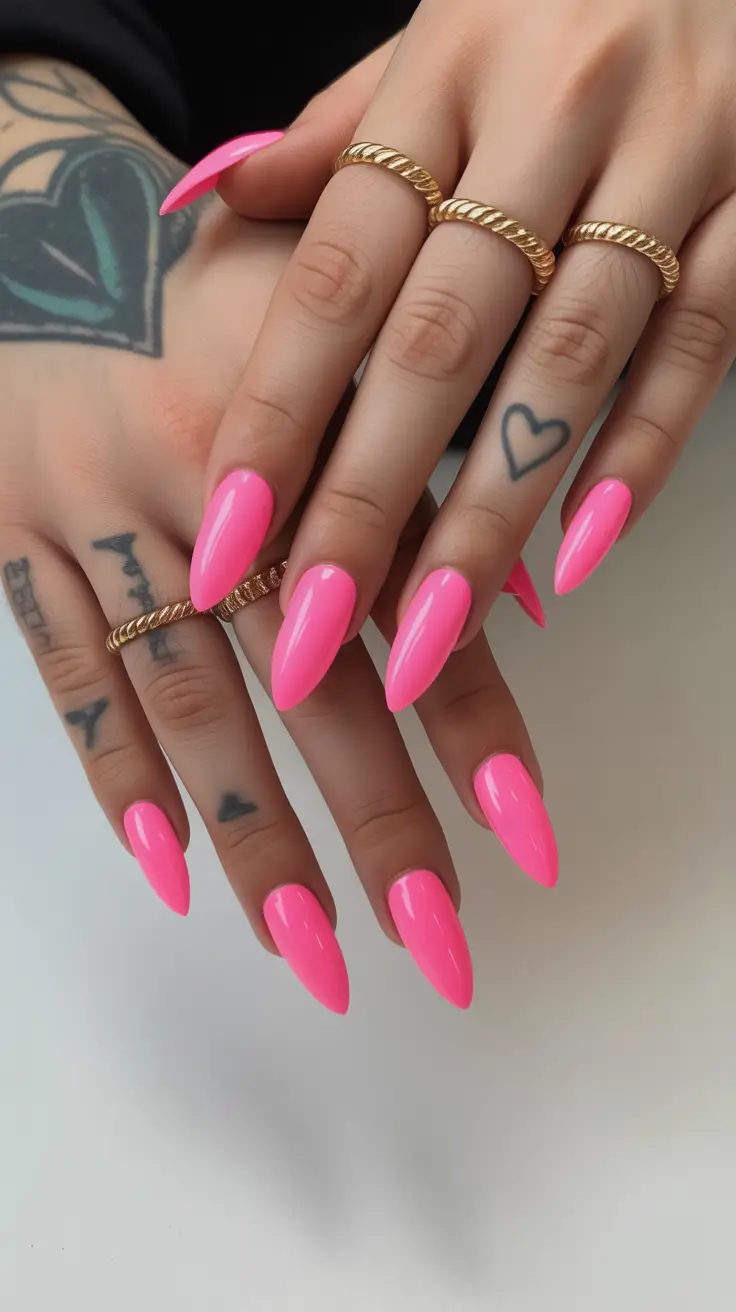 spring gel nails Hot Neon Pink Almond Statement