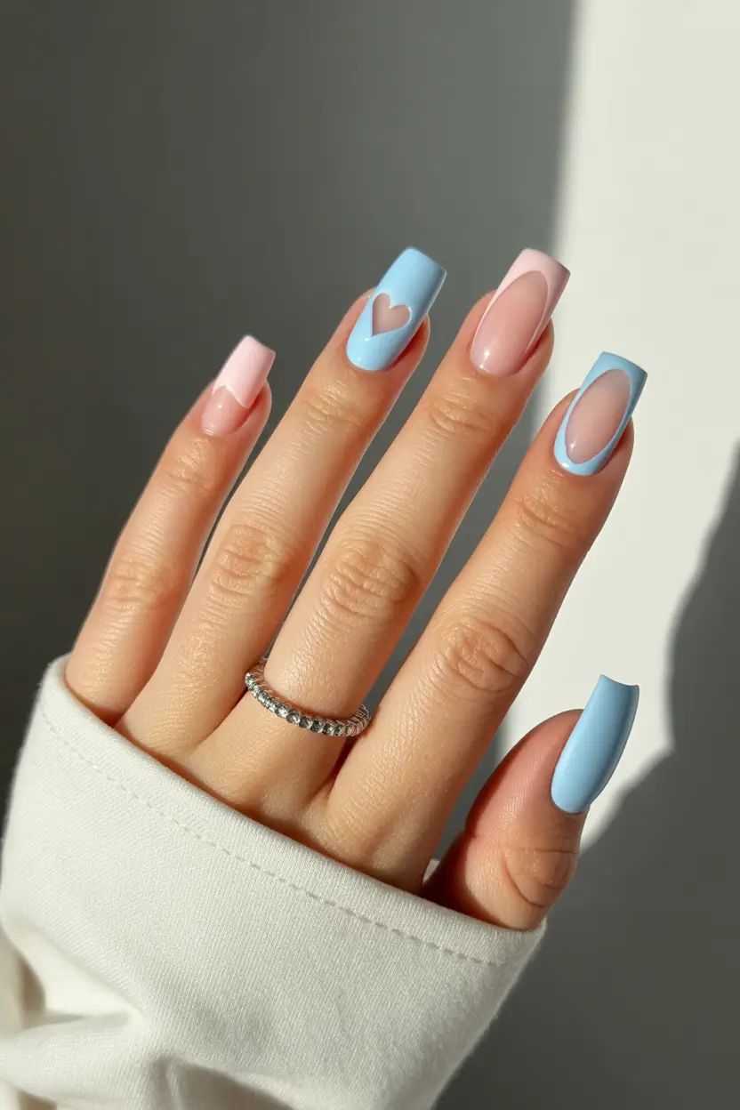 spring gel nails Baby Blue and Blush Heart French Mix
