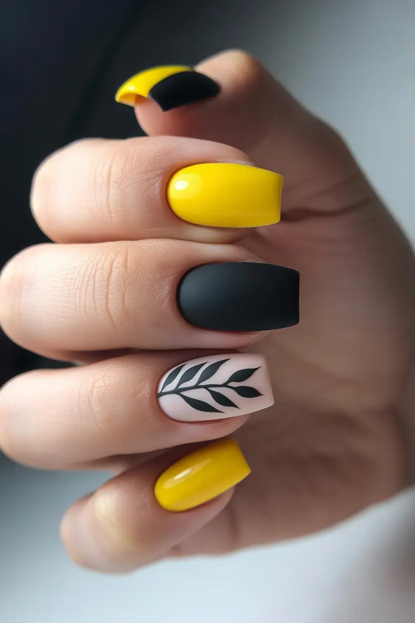 spring gel nails Bold Yellow and Matte Black Graphic Contrast