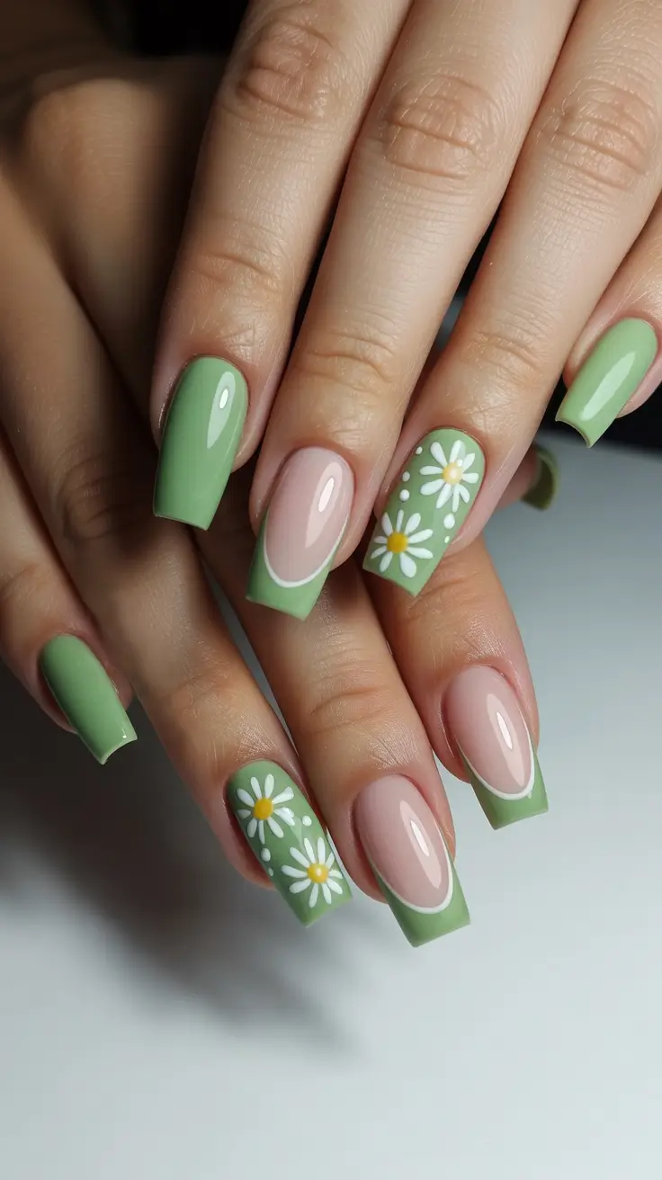 spring gel nails Fresh Green Daisy Accent with Modern French Curve