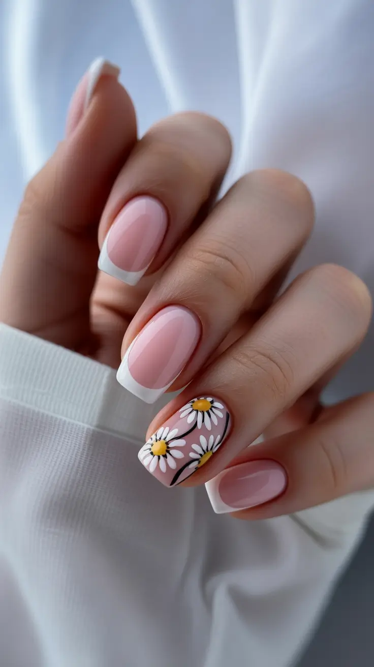 spring gel nails Classic Blush French with Daisy Accent Detail