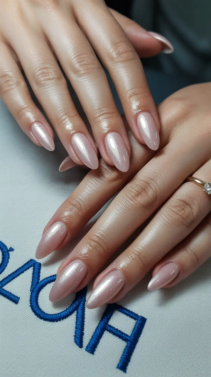 spring gel nails Pearlescent Almond Glow in Barely-There Pink