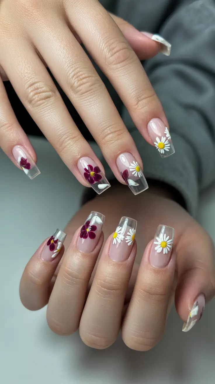 spring gel nails Transparent Floral Garden with Structured Square Tips
