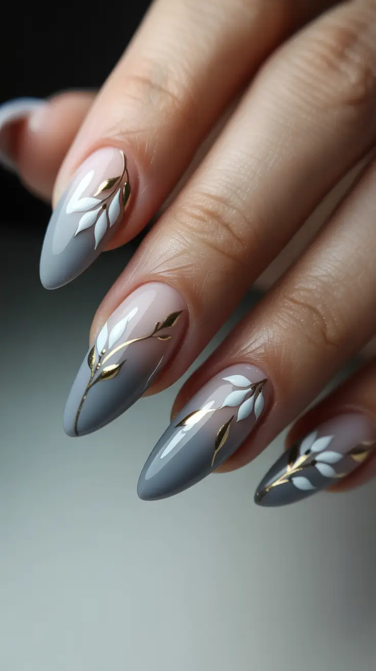 spring gel nails Smoky Grey Ombre with Gold Botanical Art