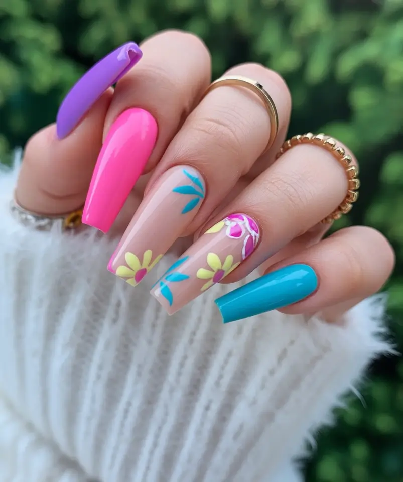 spring nail design Neon Pop Florals for a Playful Spring Mood