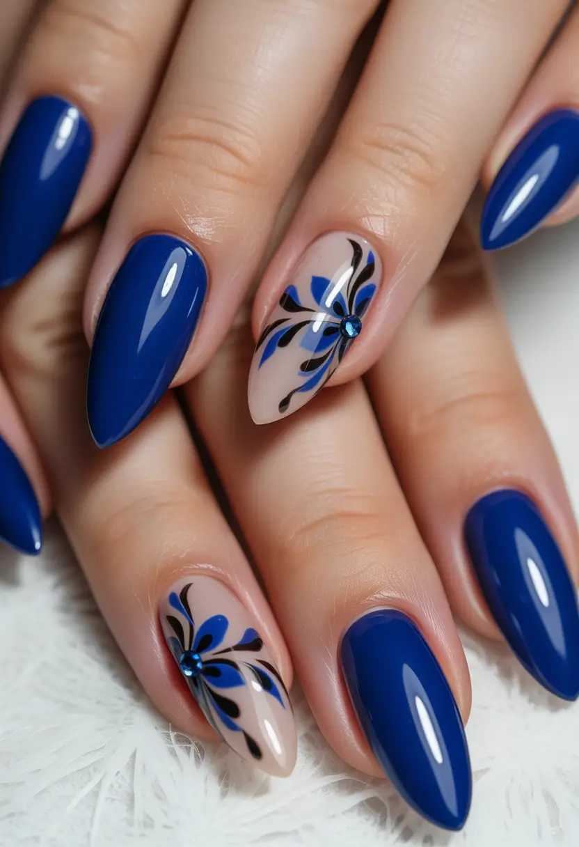 spring nail design Deep Blue Almond Nails with Graphic Floral Accents