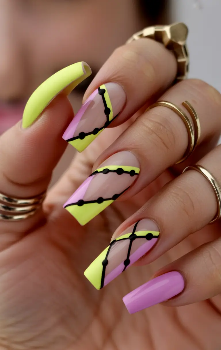 spring nail design Neon Lemon and Pink Graphic Lines for a Bold 2026 Moment