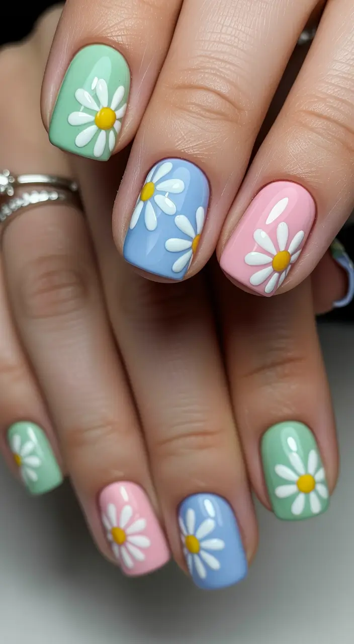 spring nail design Pastel Daisy Short Nails for a Fresh Spring Revival