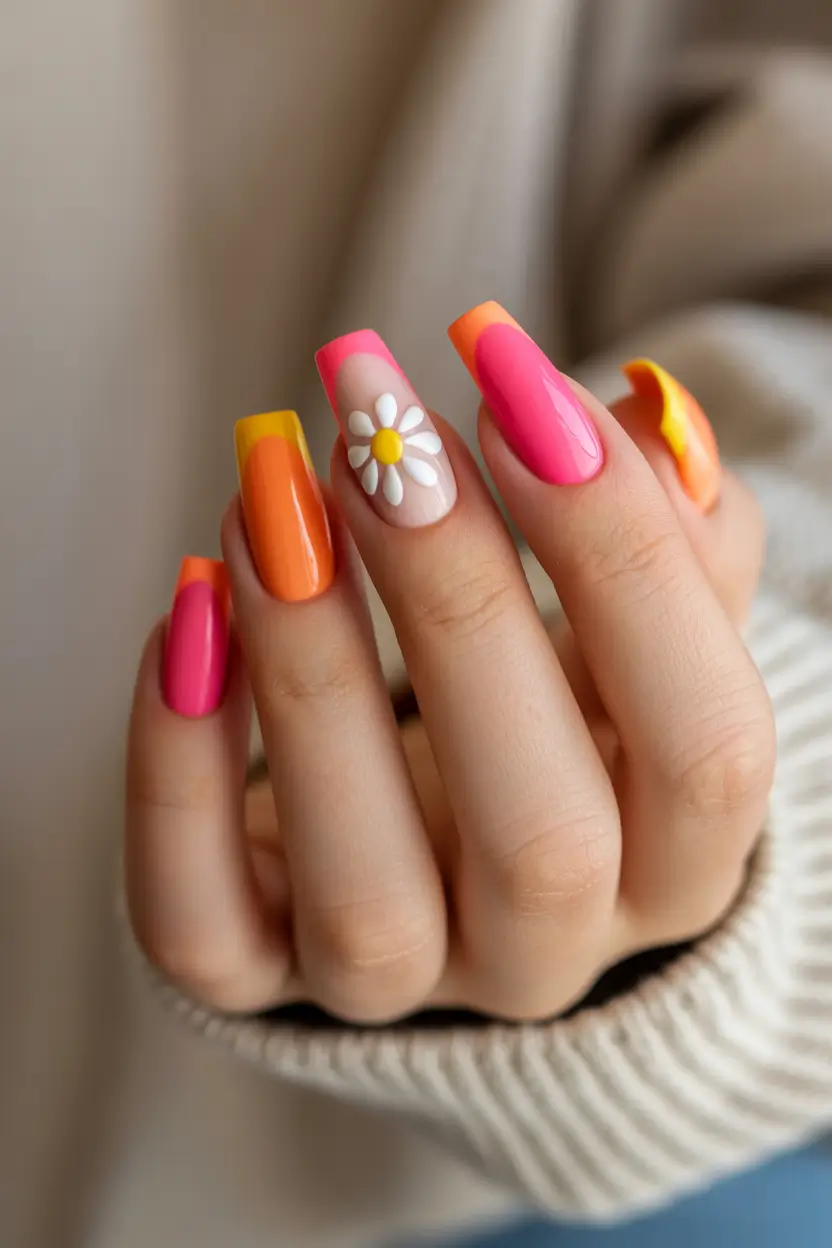 spring nail design Sunset Pop Nails with a Daisy Accent for Instant Spring Energy