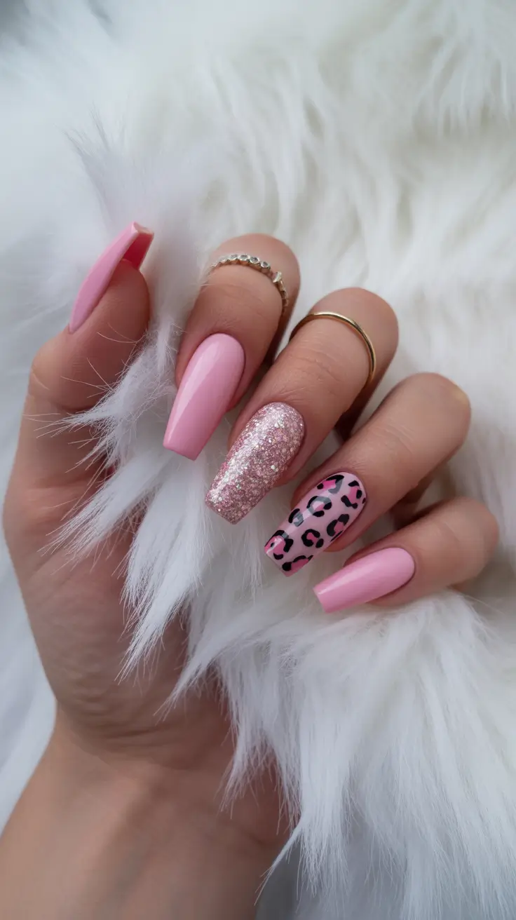 spring nail design Soft Pink Coffin Nails with Glitter and Leopard Accent