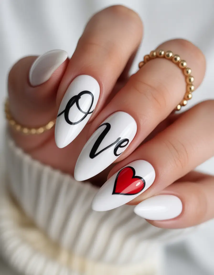 spring nail design White Almond Nails with Love Letter Typography and a Red Heart