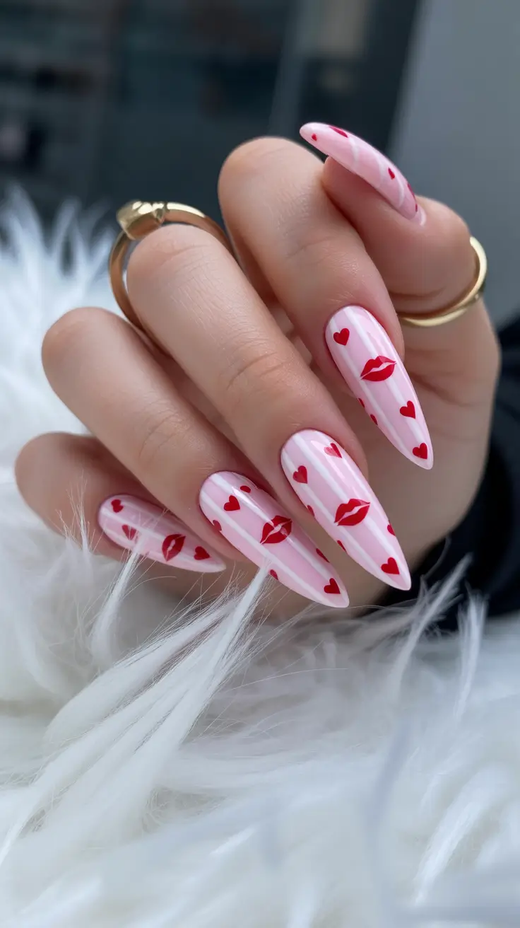 spring nail design Pink Heart and Kiss Print Nails for a Flirty Spring Mood