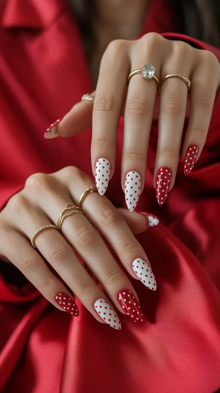 spring nail design Red and White Polka Dot Almond Nails for Retro Spring Charm