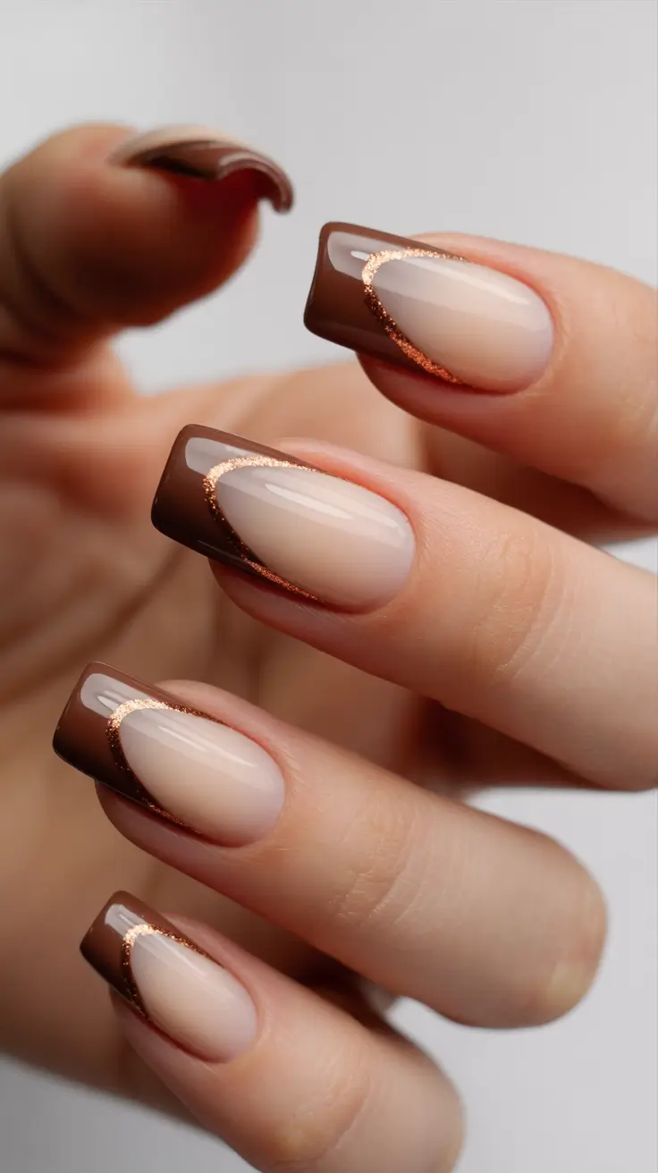 spring nail design Chocolate Brown French with Rose Gold Detail for Soft Glam