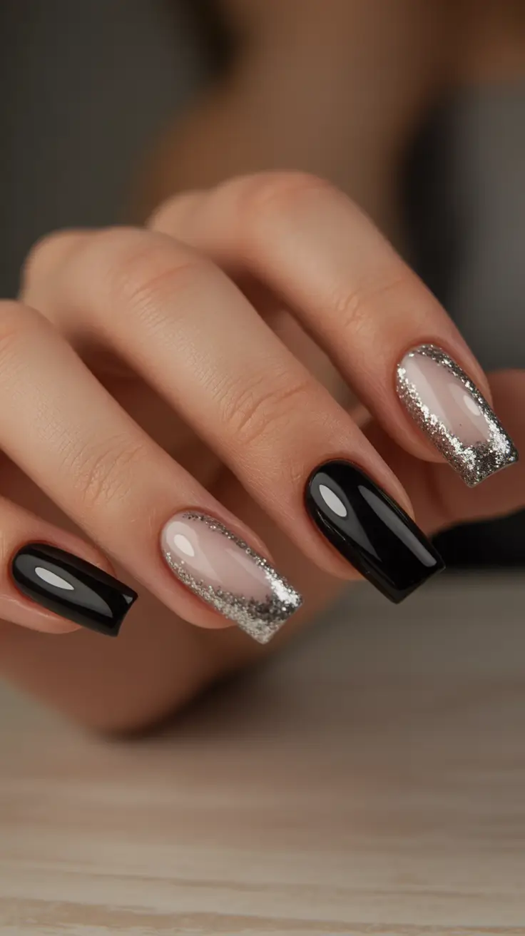 spring nail design Black and Silver Glitter Contrast for Evening Drama