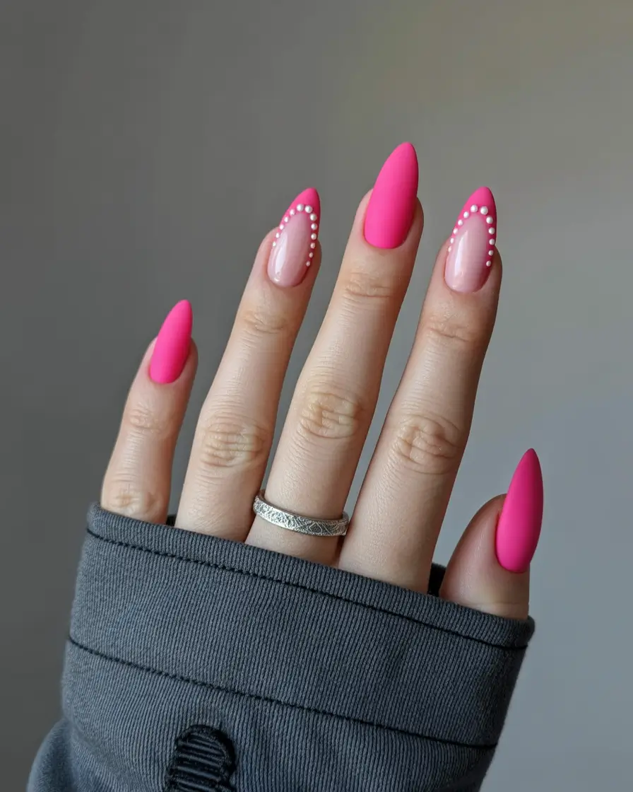 spring nail design Hot Pink Matte Almond Nails with Pearl Detail