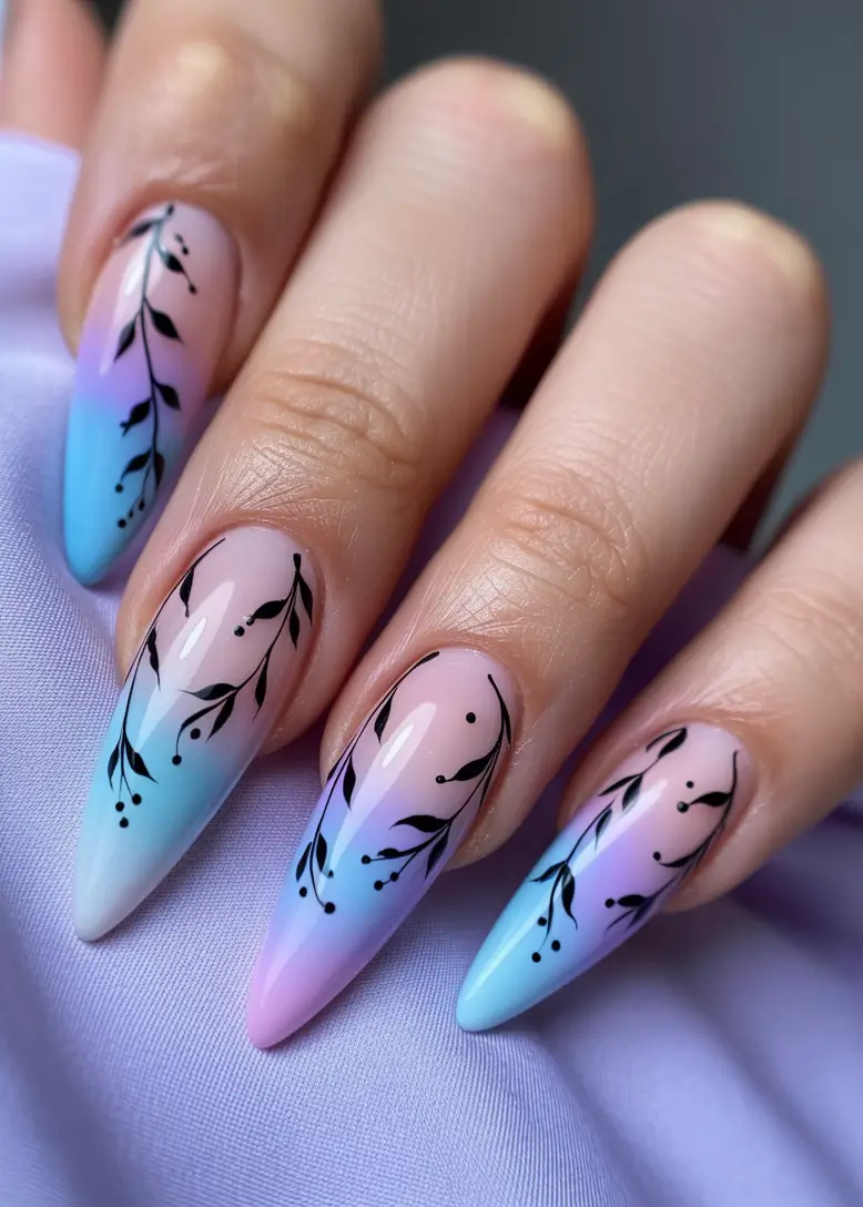 spring nail design Pastel Ombre Almond Nails with Delicate Black Vines