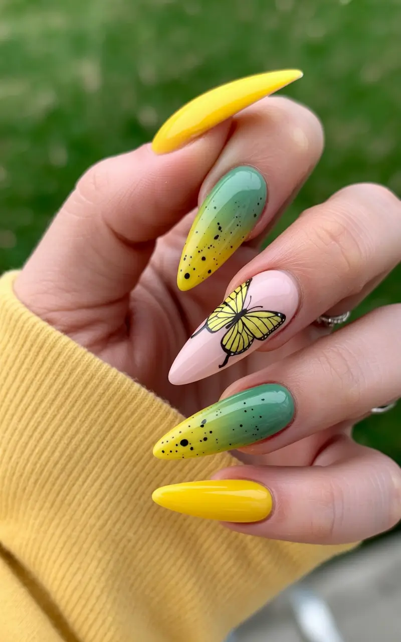 spring nail design Butterfly Accent Nails with Speckled Spring Gradient
