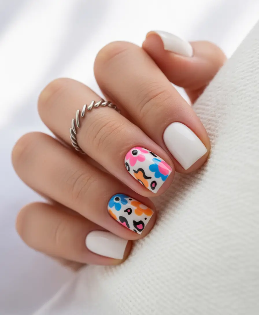 spring nail design Short White Nails with Colorful Pop-Art Florals