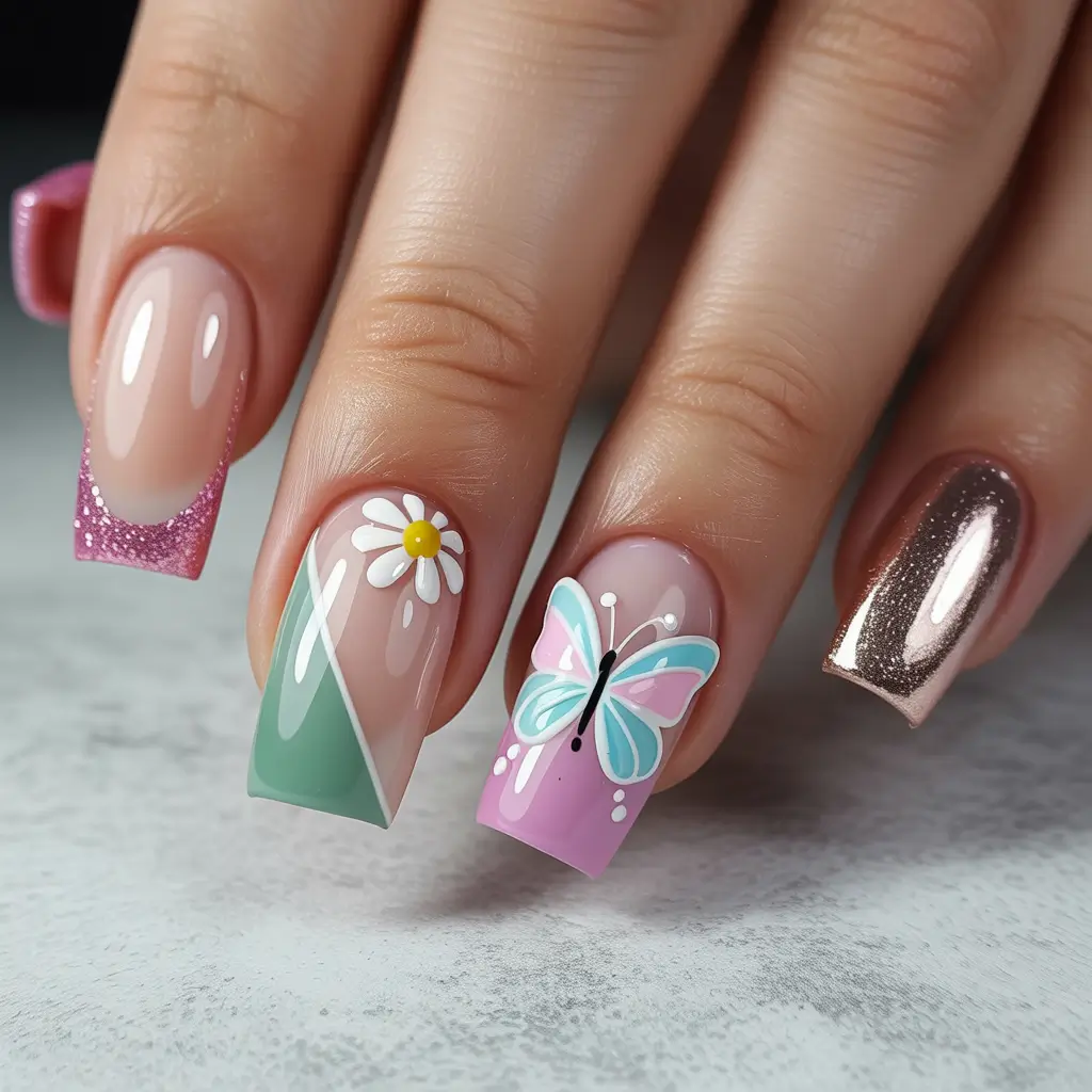 spring nail design Pastel Geometry and Butterfly Accent with a Touch of Chrome