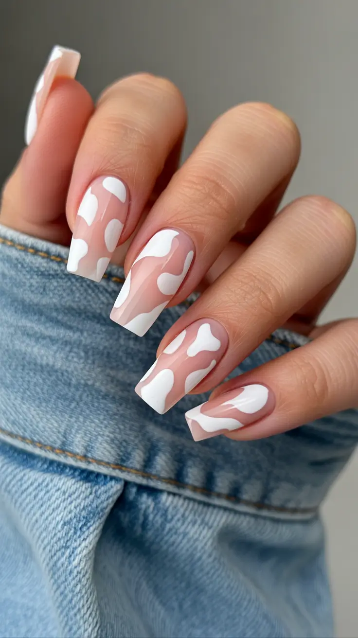 spring nail design Minimalist White Abstract on Nude for Effortless Chic