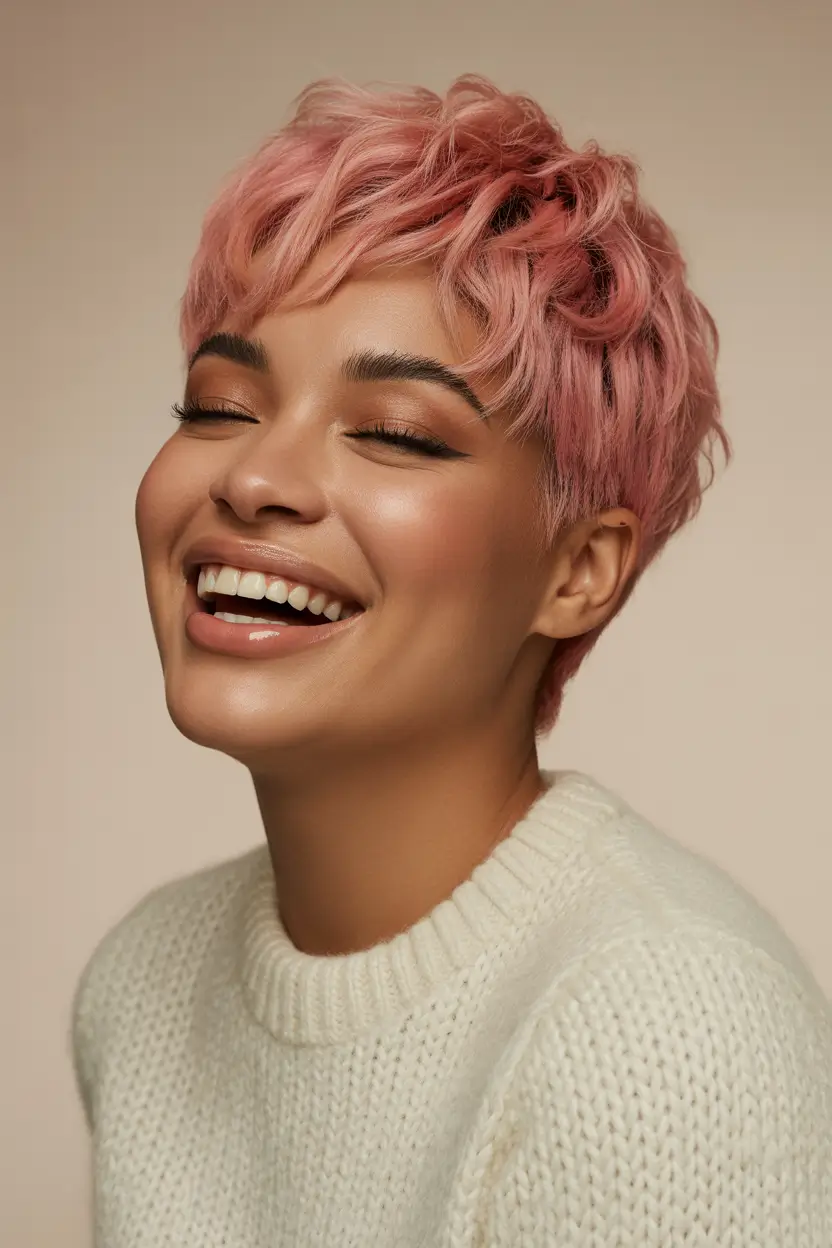 spring pixie Playful Blush Pink Textured Pixie with Soft Fringe